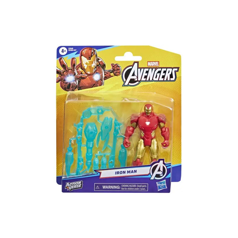 Iron Man Avengers Actionfigur in Verpackung mit blauen Zubehörteilen und Marvel-Logo.
