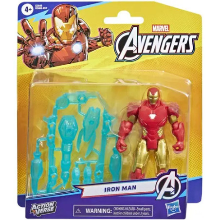 Iron Man Avengers Actionfigur in Verpackung mit blauen Zubehörteilen und Marvel-Logo.