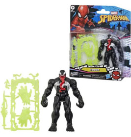 Venom-Actionfigur mit Zubehör und Verpackung aus der Marvel Spider-Man Serie vor weißem Hintergrund.