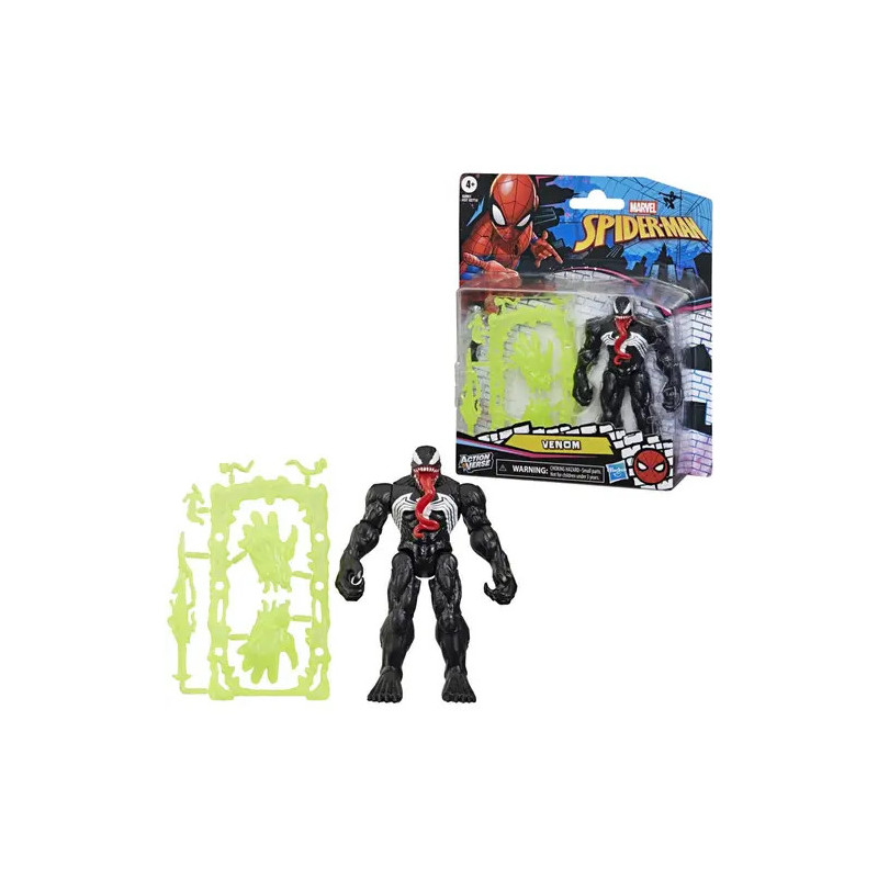 Venom-Actionfigur mit Zubehör und Verpackung aus der Marvel Spider-Man Serie vor weißem Hintergrund.