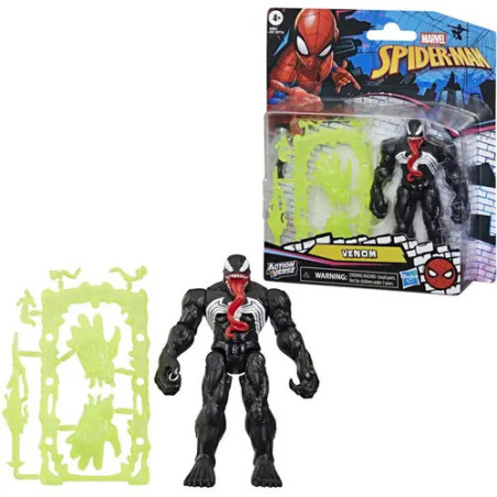 Venom-Actionfigur mit Zubehör und Verpackung aus der Marvel Spider-Man Serie vor weißem Hintergrund.