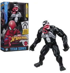 Venom-Actionfigur aus der Marvel Spider-Man Titan Serie neben ihrer farbenfrohen Verpackung.
