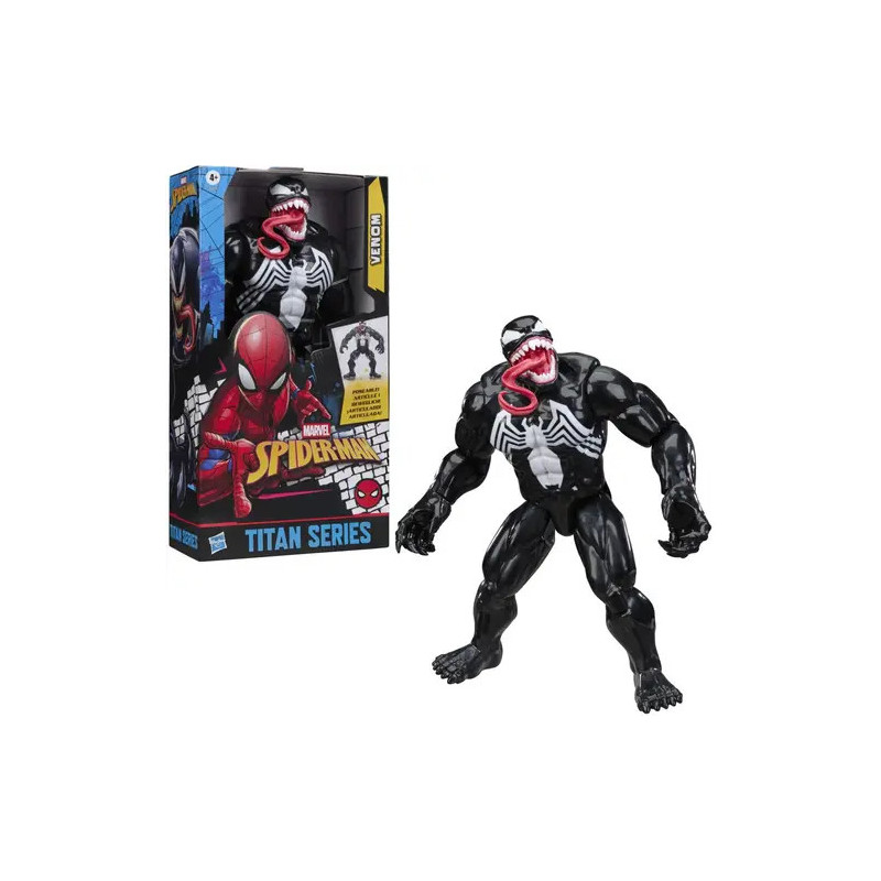 Venom-Actionfigur aus der Marvel Spider-Man Titan Serie neben ihrer farbenfrohen Verpackung.