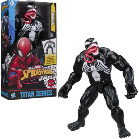 Venom-Actionfigur aus der Marvel Spider-Man Titan Serie neben ihrer farbenfrohen Verpackung.