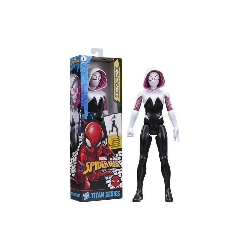 Spider-Gwen Actionfigur steht neben ihrer Verpackung aus der Marvel Titan Serie.