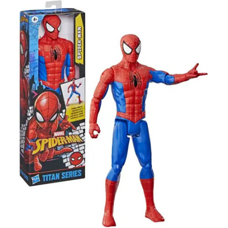 Spider-Man-Actionfigur steht neben ihrer bunten Verpackung aus der Titan-Serie.