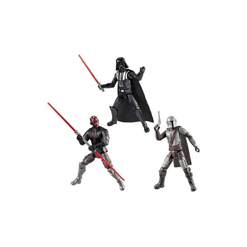 Drei Star Wars Figuren: Darth Vader, Darth Maul mit roten Lichtschwertern und der Mandalorianer mit Blaster.