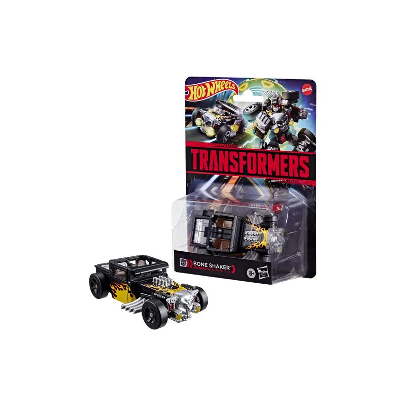 Hot Wheels Transformers Bone Shaker Auto in Verpackung mit Flammen- und Motordetails.