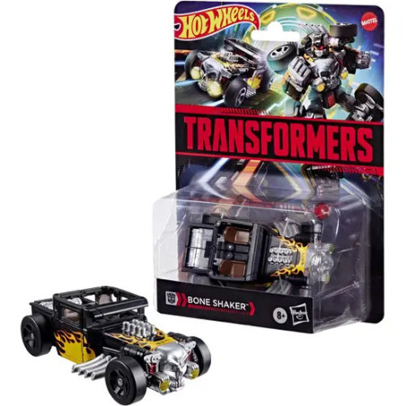 Hot Wheels Transformers Bone Shaker Auto in Verpackung mit Flammen- und Motordetails.