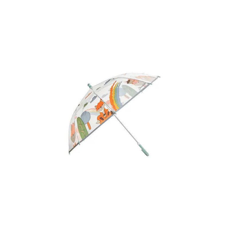 Kinderschirm mit bunten Tier- und Naturmotiven auf weißem Grund, freigestellt vor weißem Hintergrund.