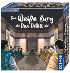 Box des Brettspiels Die Weiße Burg: Das Duell mit illustrierten Samurai in einem traditionellen Raum.