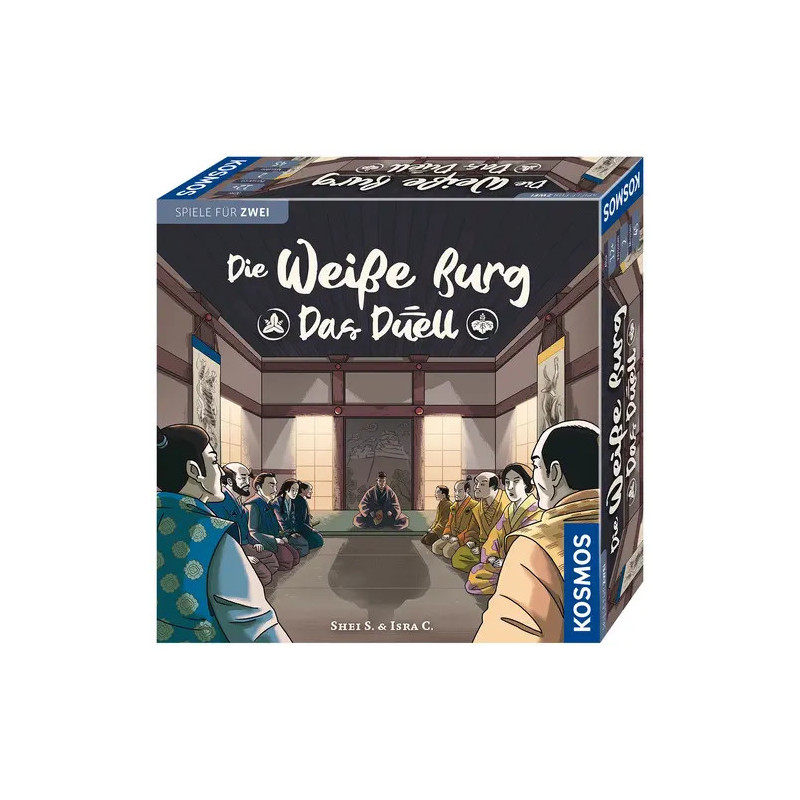 Box des Brettspiels Die Weiße Burg: Das Duell mit illustrierten Samurai in einem traditionellen Raum.