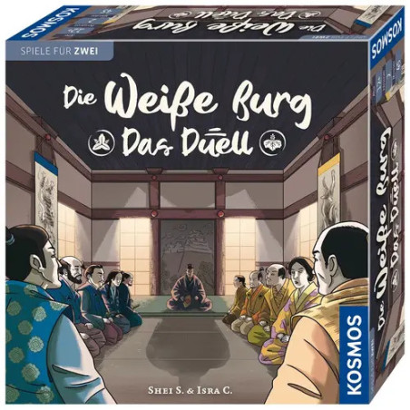 Box des Brettspiels Die Weiße Burg: Das Duell mit illustrierten Samurai in einem traditionellen Raum.