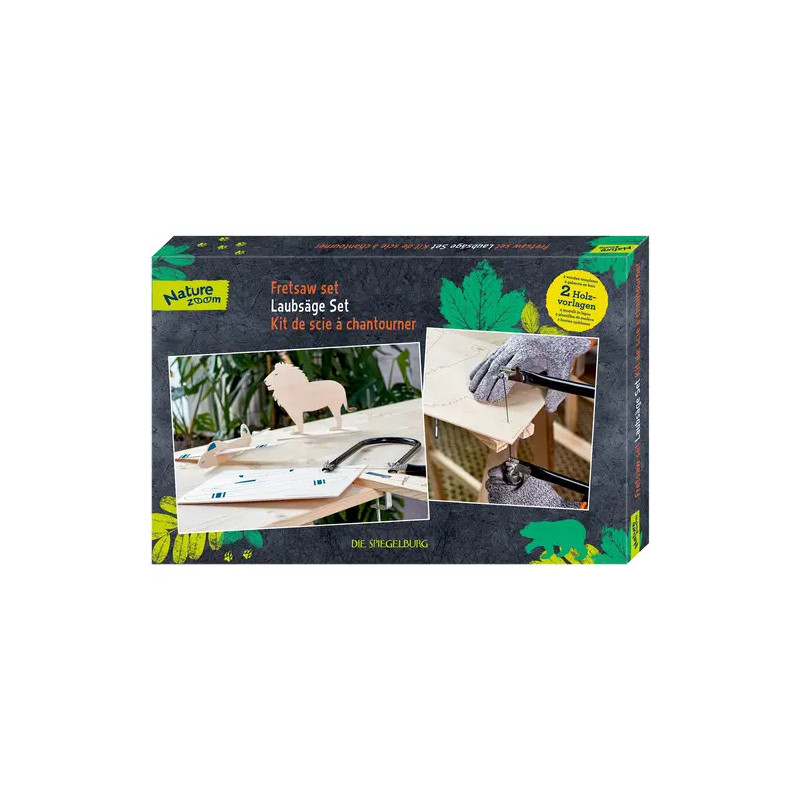 Nature Zoom Laubsäge-Set mit Holz-Tier-Bastelkit und Händen, die mit Handschuhen Holz sägen.