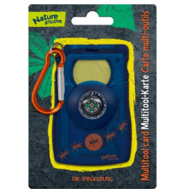 Multitool-Karte mit Kompass und orangefarbenem Karabiner in Nature-Zoom-Verpackung.