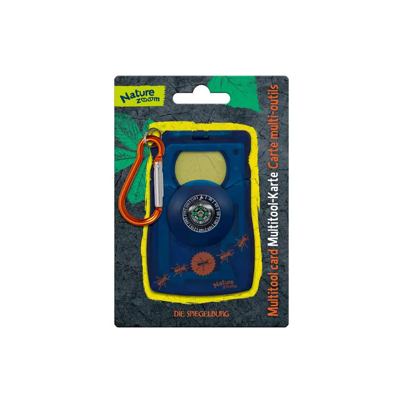 Multitool-Karte mit Kompass und orangefarbenem Karabiner in Nature-Zoom-Verpackung.