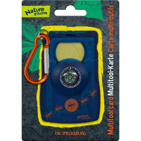 Multitool-Karte mit Kompass und orangefarbenem Karabiner in Nature-Zoom-Verpackung.