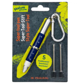Multifunktions-Stift mit Karabiner und zwei Ersatzbits in Nature Zoom Verpackung, beschriftet mit 5 Funktionen.