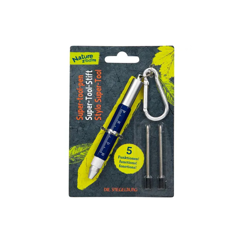 Multifunktions-Stift mit Karabiner und zwei Ersatzbits in Nature Zoom Verpackung, beschriftet mit 5 Funktionen.