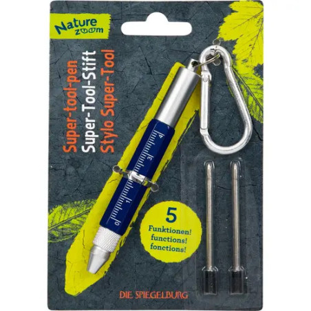 Multifunktions-Stift mit Karabiner und zwei Ersatzbits in Nature Zoom Verpackung, beschriftet mit 5 Funktionen.
