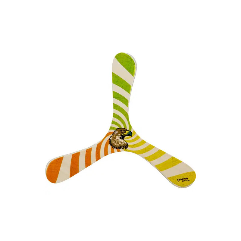 Dreiflügeliger Bumerang mit orange-grün-gelben Spiralen und einem Adlermotiv in der Mitte.