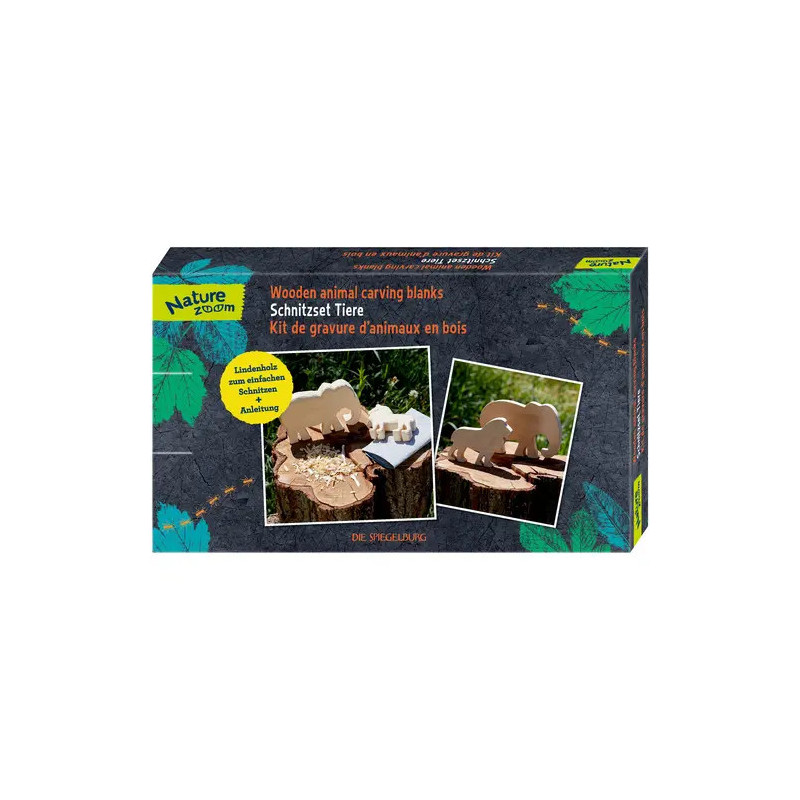 Nature Zoom Holz-Schnitzset mit Tierfiguren, abgebildet auf der Vorderseite der Verpackung.