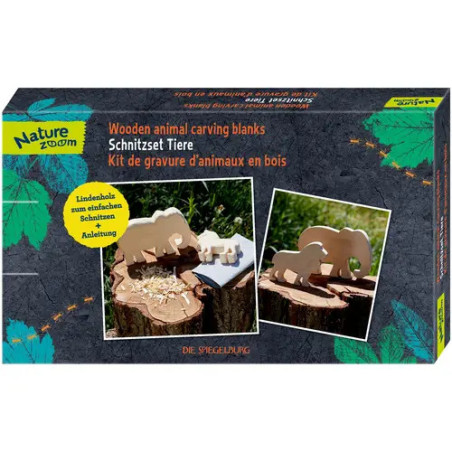 Nature Zoom Holz-Schnitzset mit Tierfiguren, abgebildet auf der Vorderseite der Verpackung.