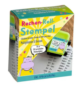 Schachtel eines Rechen-Roll-Stempels für Multiplikation und Division mit einem Cartoon-Nilpferd darauf.