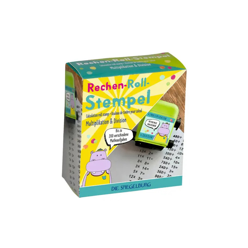 Schachtel eines Rechen-Roll-Stempels für Multiplikation und Division mit einem Cartoon-Nilpferd darauf.