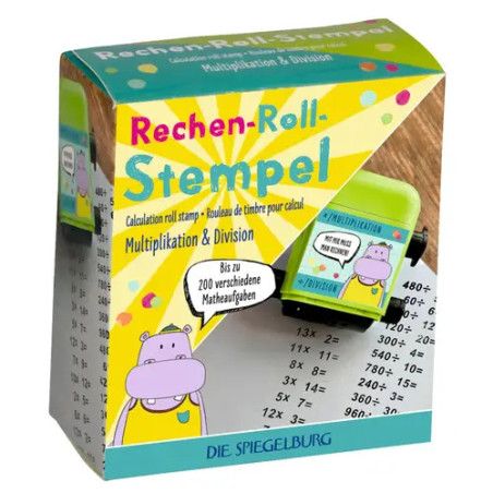 Schachtel eines Rechen-Roll-Stempels für Multiplikation und Division mit einem Cartoon-Nilpferd darauf.