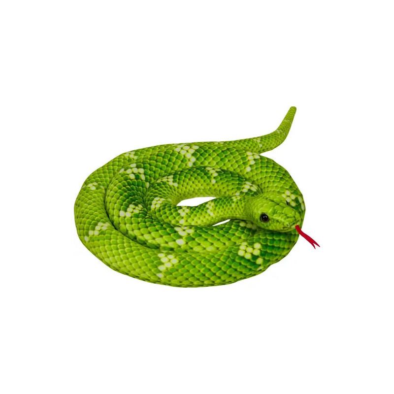 Eine leuchtend grüne, zusammengerollte Schlange mit weißen Flecken und herausgestreckter roter Zunge.