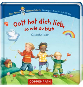 Kinder halten sich an den Händen und lächeln, auf dem Umschlag eines deutschen Gebetbuchs mit Regenbogen und Ballons.