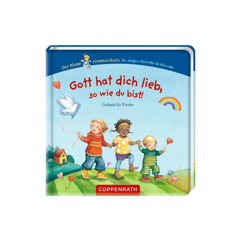 Kinder halten sich an den Händen und lächeln, auf dem Umschlag eines deutschen Gebetbuchs mit Regenbogen und Ballons.