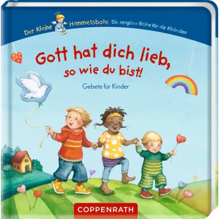 Kinder halten sich an den Händen und lächeln, auf dem Umschlag eines deutschen Gebetbuchs mit Regenbogen und Ballons.