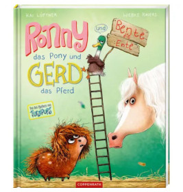 Buntes Kinderbuchcover mit einem Pony, einem Vogel auf einer Leiter und einem flauschigen braunen Tier auf Gras.