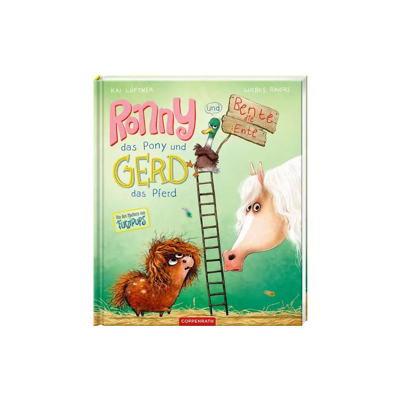 Buntes Kinderbuchcover mit einem Pony, einem Vogel auf einer Leiter und einem flauschigen braunen Tier auf Gras.