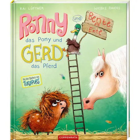 Buntes Kinderbuchcover mit einem Pony, einem Vogel auf einer Leiter und einem flauschigen braunen Tier auf Gras.