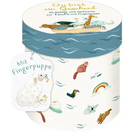 Runde Box mit Tiermotiven und einem Etikett, das ein weißes Fingerpuppen-Schaf zeigt.
