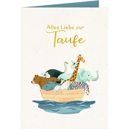 Grußkarte mit Tieren in einer Arche und deutschem Text Alles Liebe zur Taufe auf weißem Hintergrund.
