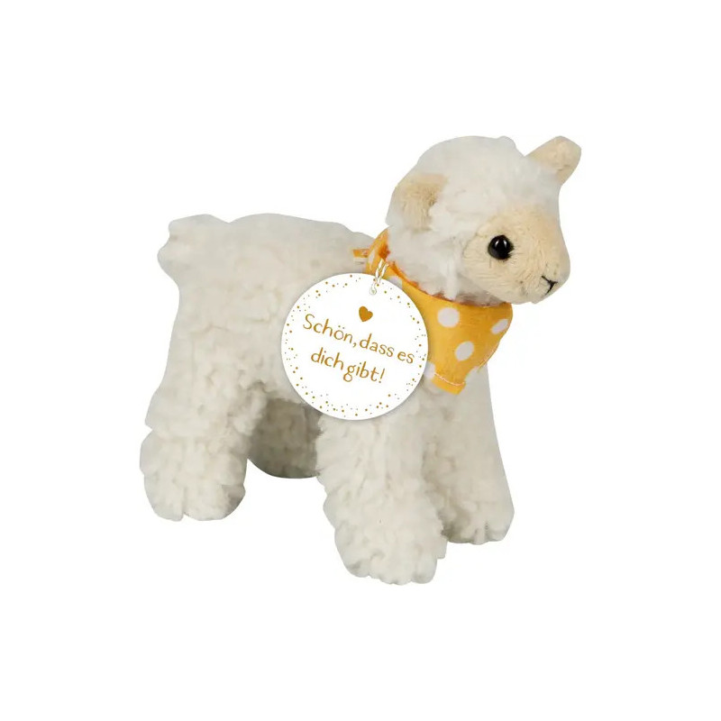 Plüschlamm, weiß, mit gelbem Punktetuch und Schild: Schön, dass es dich gibt!.