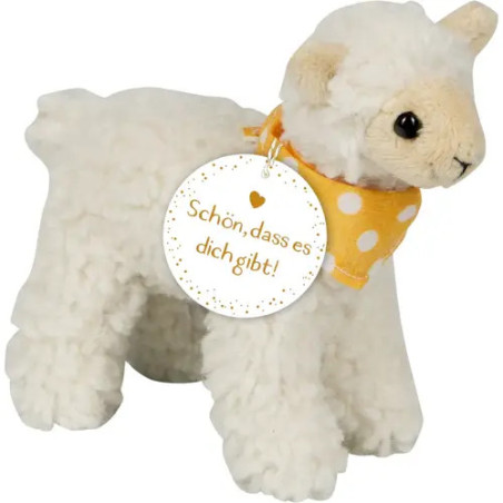 Plüschlamm, weiß, mit gelbem Punktetuch und Schild: Schön, dass es dich gibt!.