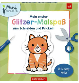 Cover eines deutschen Bastelbuchs mit orangefarbenem Kätzchen, Schere und Bastelwerkzeug auf grünem Hintergrund.