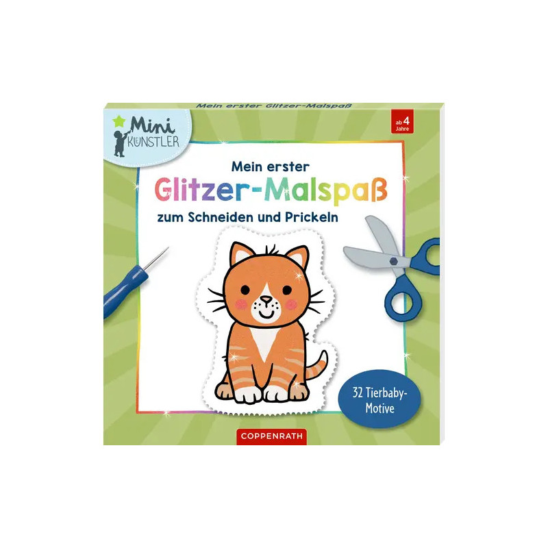 Cover eines deutschen Bastelbuchs mit orangefarbenem Kätzchen, Schere und Bastelwerkzeug auf grünem Hintergrund.