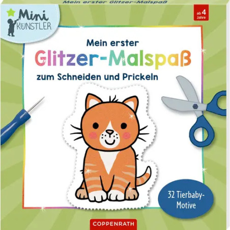 Cover eines deutschen Bastelbuchs mit orangefarbenem Kätzchen, Schere und Bastelwerkzeug auf grünem Hintergrund.