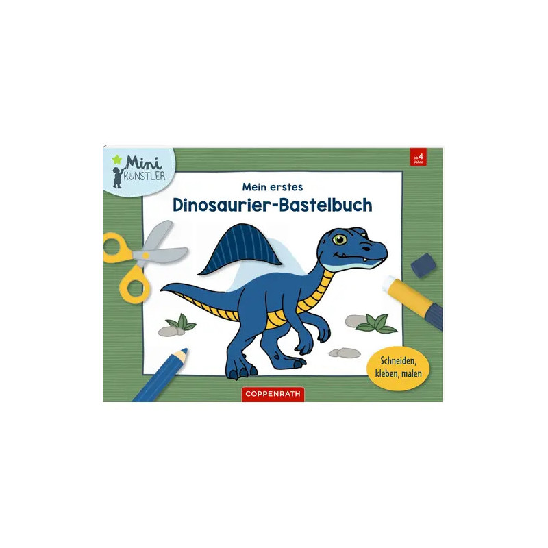 Bastelbuch für Kinder mit einem blauen Dinosaurier, Schere, Kleber und Zeichenutensilien auf dem Cover.