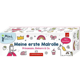 Box mit Aufschrift Meine erste Malrolle und bunten Zeichnungen von Prinzessin, Einhorn, Regenbogen und Krone.