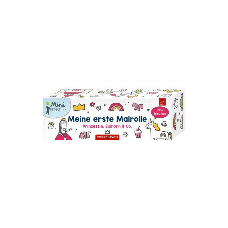 Box mit Aufschrift Meine erste Malrolle und bunten Zeichnungen von Prinzessin, Einhorn, Regenbogen und Krone.