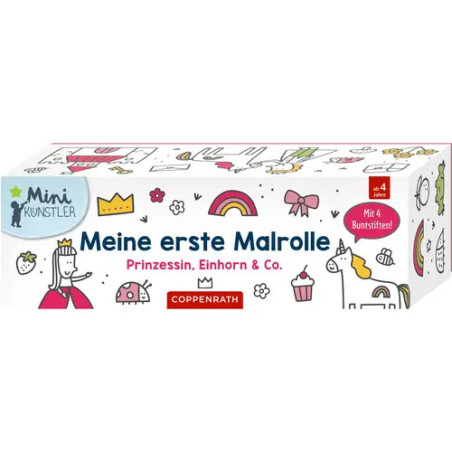 Box mit Aufschrift Meine erste Malrolle und bunten Zeichnungen von Prinzessin, Einhorn, Regenbogen und Krone.