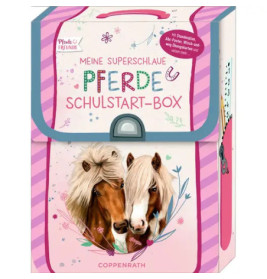 Rosa Schulbox mit zwei Pferden und dem deutschen Text: Meine Superschlaue Pferde Schulstart-Box.