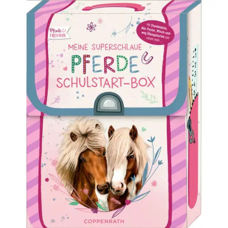 Rosa Schulbox mit zwei Pferden und dem deutschen Text: Meine Superschlaue Pferde Schulstart-Box.